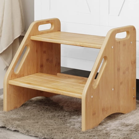 Wooden Step Stool, Two Step Stools Toddler 300 lbs Capacity with Safety Non-Slip Pads and Handles, Bamboo Step Stool for Bathroom, Kitchen Dual Height Step Stools for Kids (Natural)