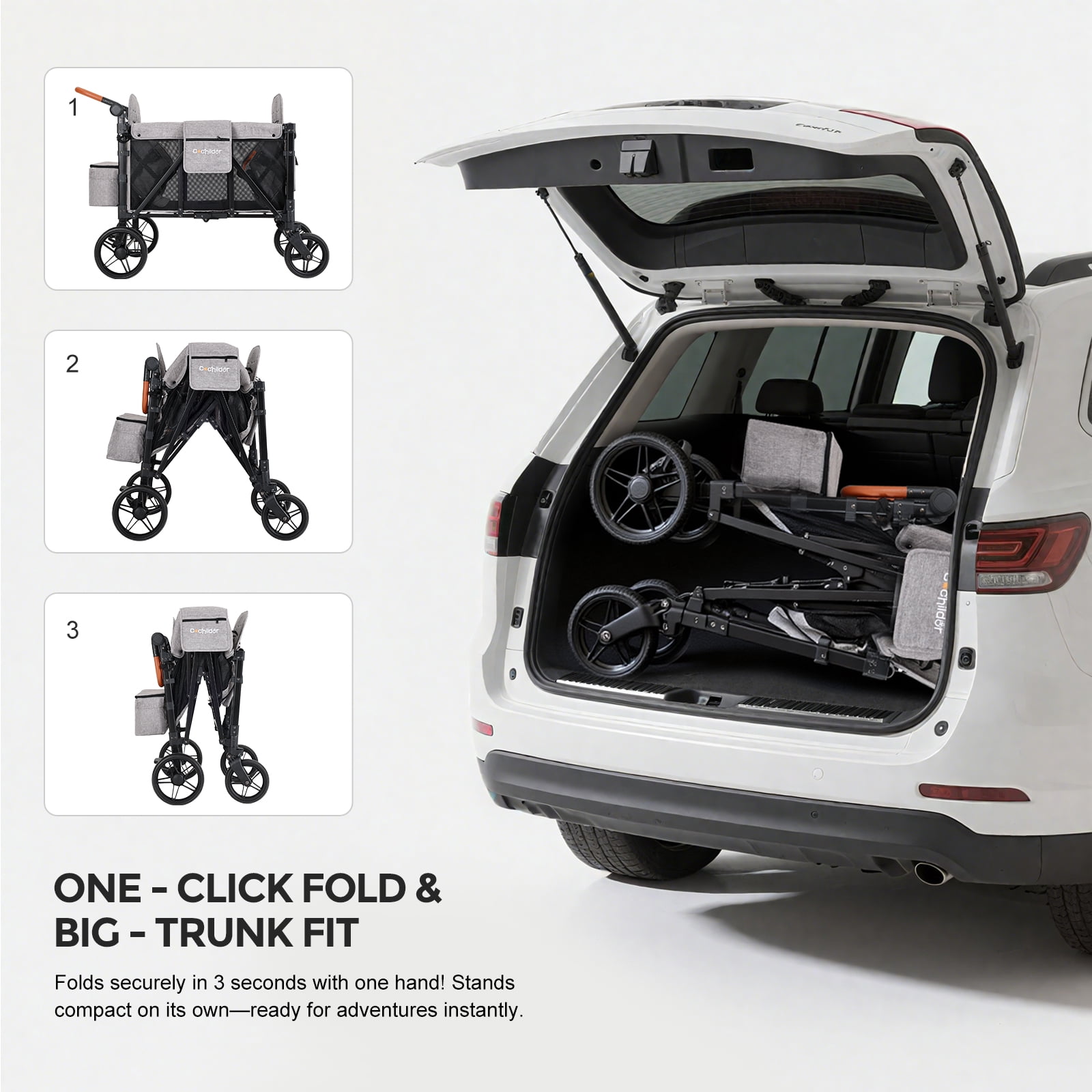 Cochildor Wagon Stroller for 4 Kids, Foldable Stroller Wagon with 5 Point Harness, Removable Canopy, Adjustable Handle Bar, Light Grey