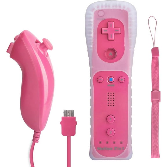 Wii Remote Controller,Wireless Controllers Compatible with Wii/Wii U with Motion Plus,Silicone Case and Wrist Strap,Pink