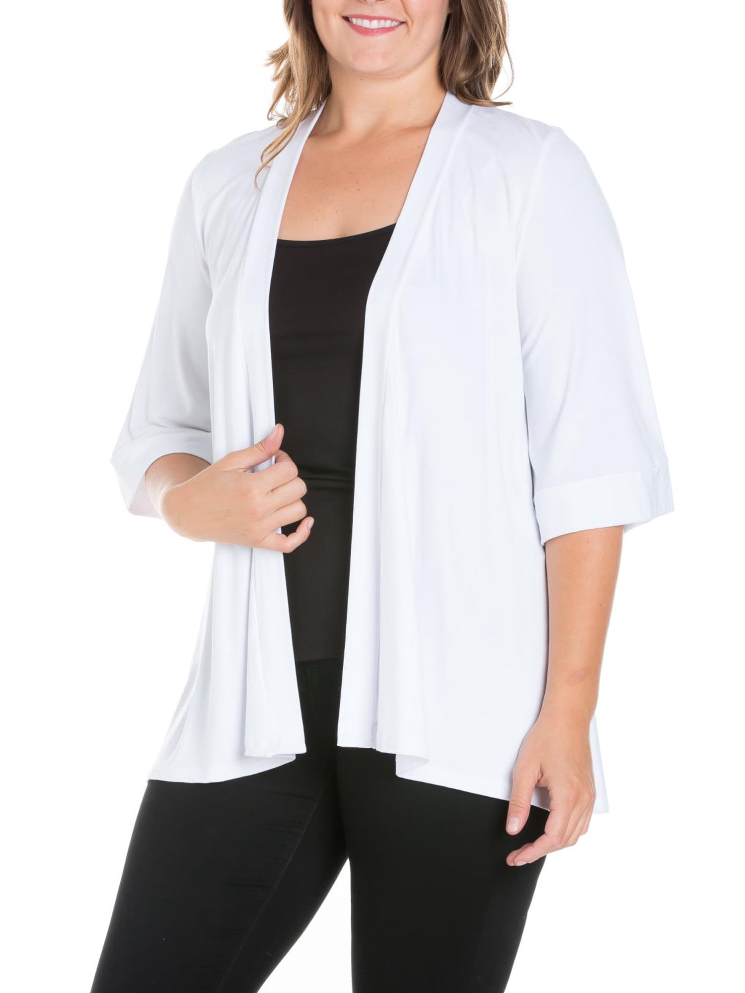 24seven Comfort Apparel Plus Size Elbow Length Sleeve Open Front Cardigan