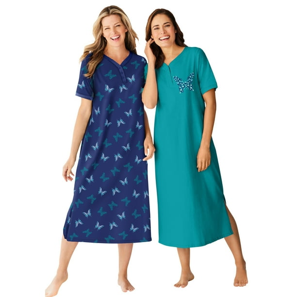 Dreams & Co. Women's Plus Size 2-Pack Long Henley Sleepshirt Nightgown ...