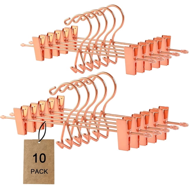 Stackable Shiny Copper/Gold Metal Pants Hanger, Rose Gold Skirt Trousers Hanger Add-on Hook, Space-Saving Hanger with Non-Slip Adjustable Clips for Jeans Slacks Boutique (10, Copper)