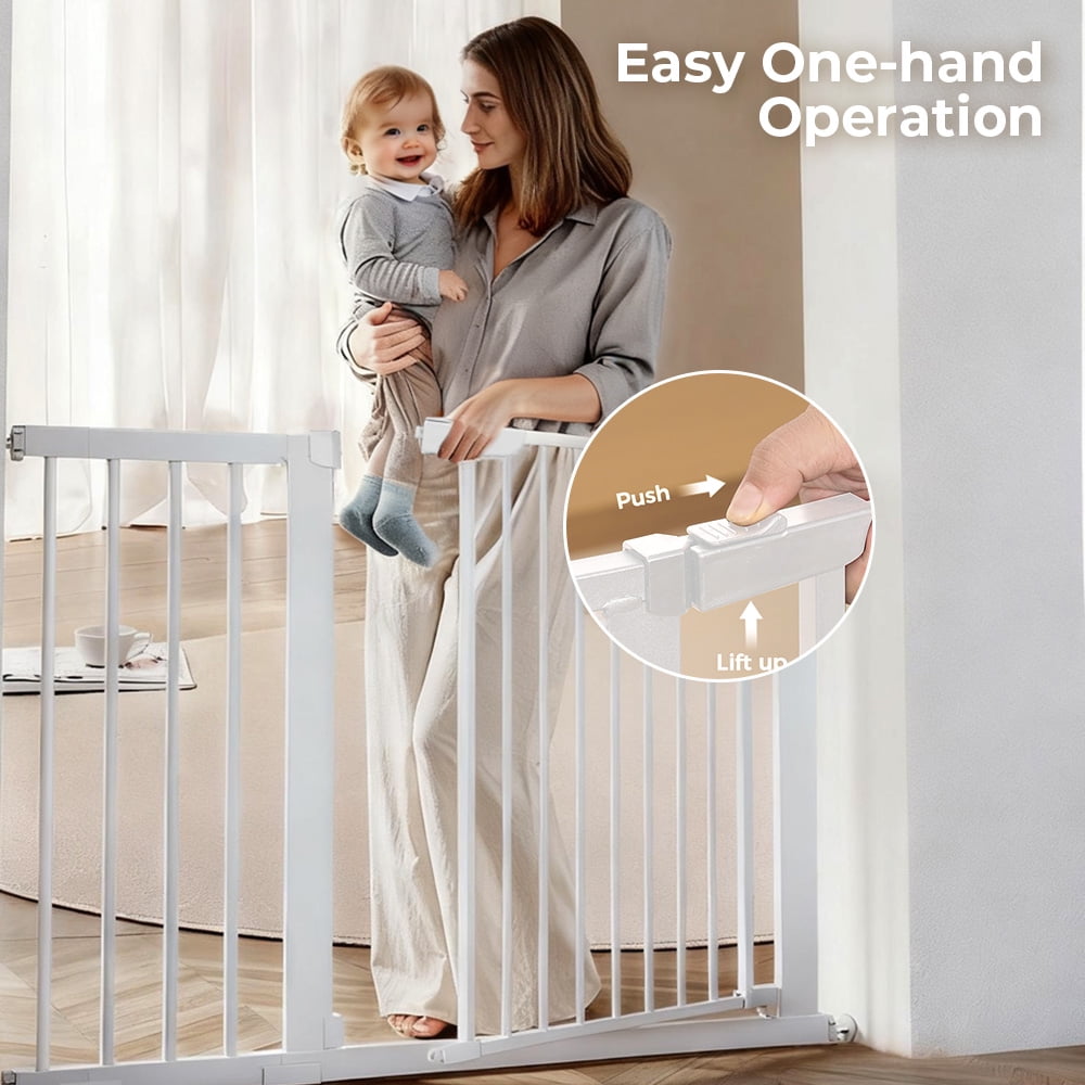 Pet Gate, Domipet 29.5"-43.3" Extra Wide Safety Pet Gate for Stairs Doorways, Top of Stairs, White