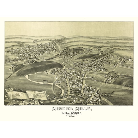 Historic Panoramic View - Miners Mills Mill Creek Pennsylvania - Fowler 1892 - 30.40 x 23 - Vintage Wall Art