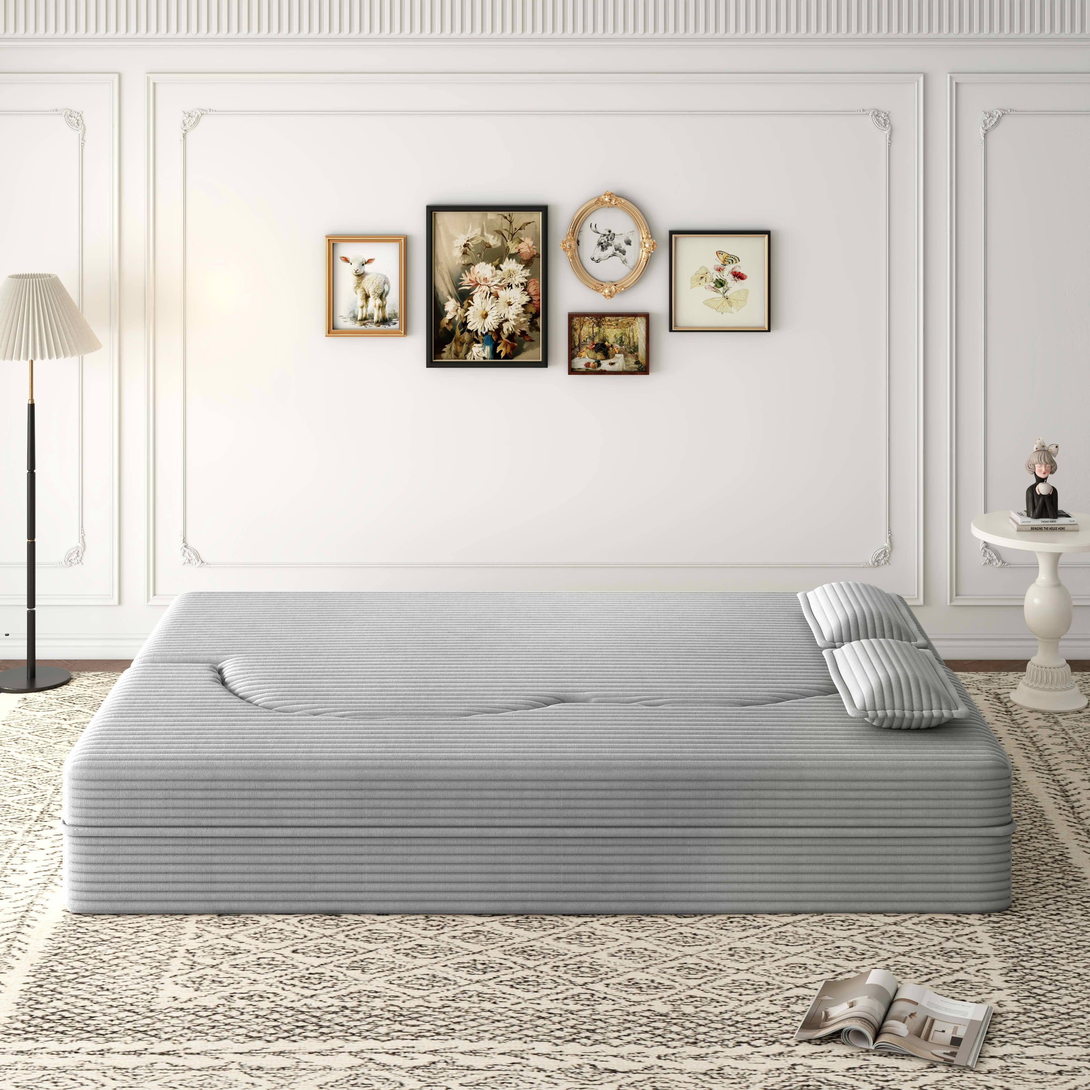 MAYEERTY Vacuum Compressed Corduroy Foldable Foam Sofa Bed, Full Size Zero Assembly Floor Sleeper with 2 Pillows