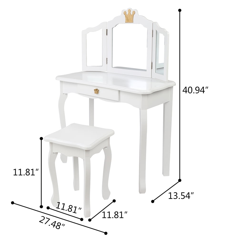 Kepooman Modern Kids Wooden Vanity Table Set with Tri-Fold Mirror & Chair, Child' s Princess Dressing Table & Stool Set, White Kepooman Modern Kids Wooden Vanity Table Set with Tri-Fold Mirror & Chair, Child' s Princess Dressing Table & Stool Set, White