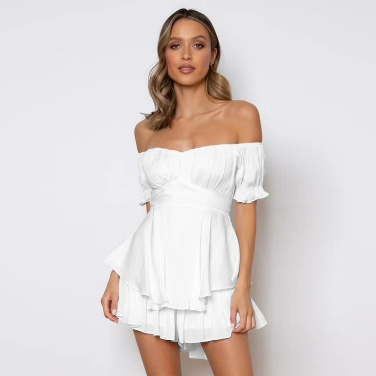 IDOPIP Womens Boho Romper Off Shoulder Ruffle Tie Back Flowy Romper Short  Jumpsuit Playsuits - Walmart.com