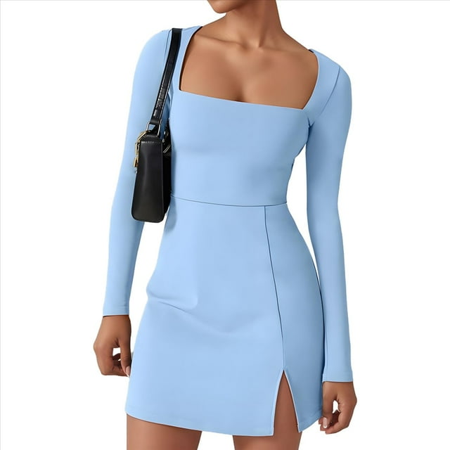 Robe Corsage à Encolure Carrée pour Femmes, Manches Longues, Fente Latérale, Évasée, Mini Robes