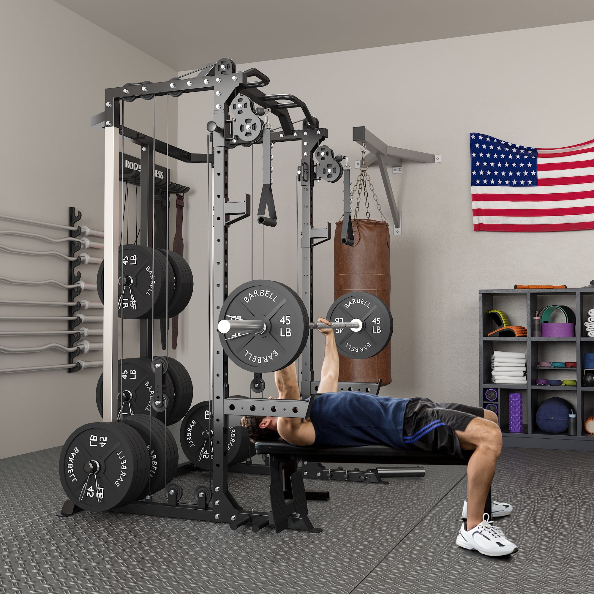Cofiyard Power Cage, Power Rack with Dual Pulley System, Multi-Functional Weight Training Squat Rack with Cable Crossover, Free Weight Home Gym Workout Machine(Black)