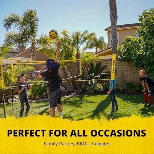 CROSSNET Quick Assemble 4 Square Volleyball Game Set for Adults and Kids with Volleyball Net, Backpack and Ball for Outdoor Games