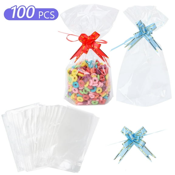 Tripumer 100 Pcs Bottom Cellophane Bag with Butterfly Pull Bows 6 x 10 inch Clear Cellophane Bags Treat Bags Plastic Treat Goodie Bags for Goodie Party Favor Popcorn Cookie Candy
