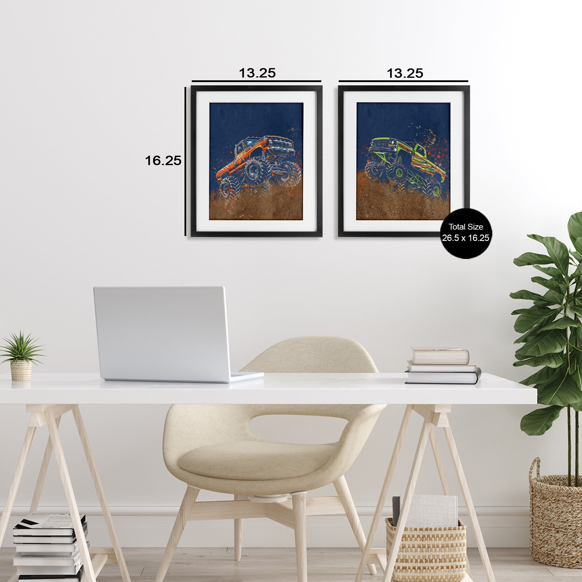 Monster Truck Jam 2 Piece Black Framed Print Under Glass Set, design by Kim Allen