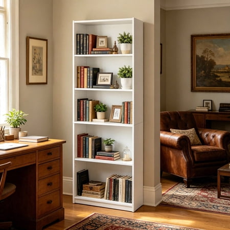 White 5 Shelf Bookcase with Adjustable Shelves Sturdy Storage Display Unit for Home Office Living Room Bedroom