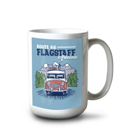 

15 fl oz Ceramic Mug Flagstaff Arizona Route 66 Cartoon Camper Van Driving Dishwasher & Microwave Safe