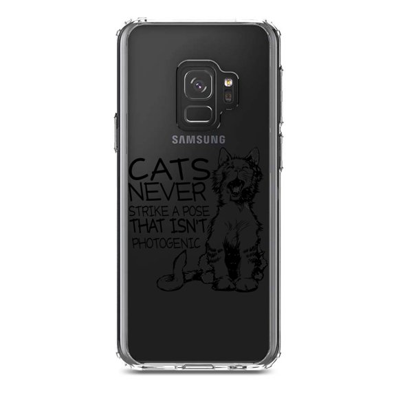 DistinctInk Clear Shockproof Hybrid Case for Samsung Galaxy S9 (5.8" Screen) - TPU Bumper Acrylic Back Tempered Glass Screen Protector - Cats Never Strike a Pose not Photogenic