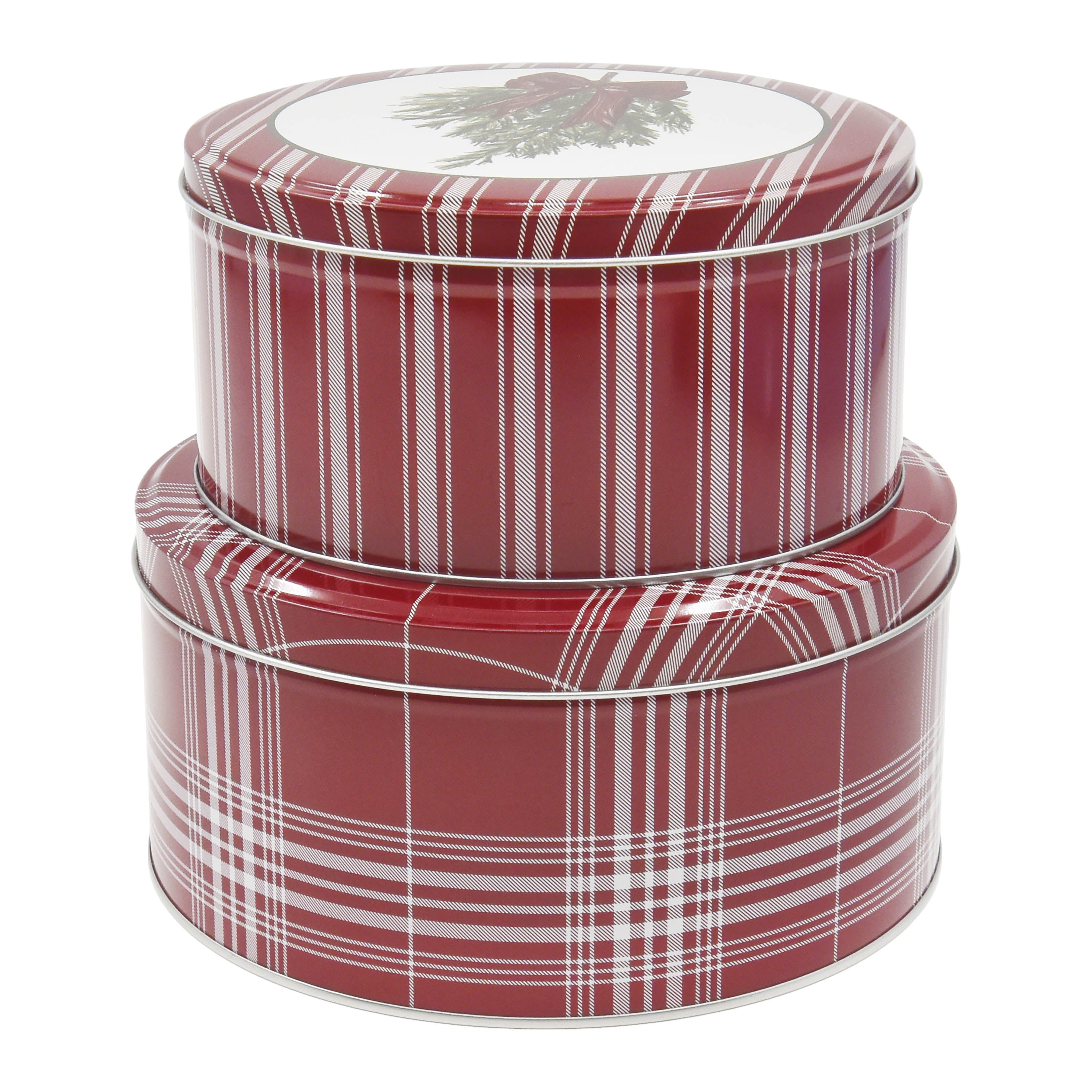Holiday Time Christmas Swag Red Ribbon Bow Metal Round Gift Tin with Lid, Red White Stripes, Medium, <ul><li>Holiday Time Christmas Swag Red Ribbon Bow Metal Round Gift Tin with Lid, Red White Stripes, Medium</li><li>Made from durable tin-plated steel</li><li>Reusable and eco-friendly</li></ul>
