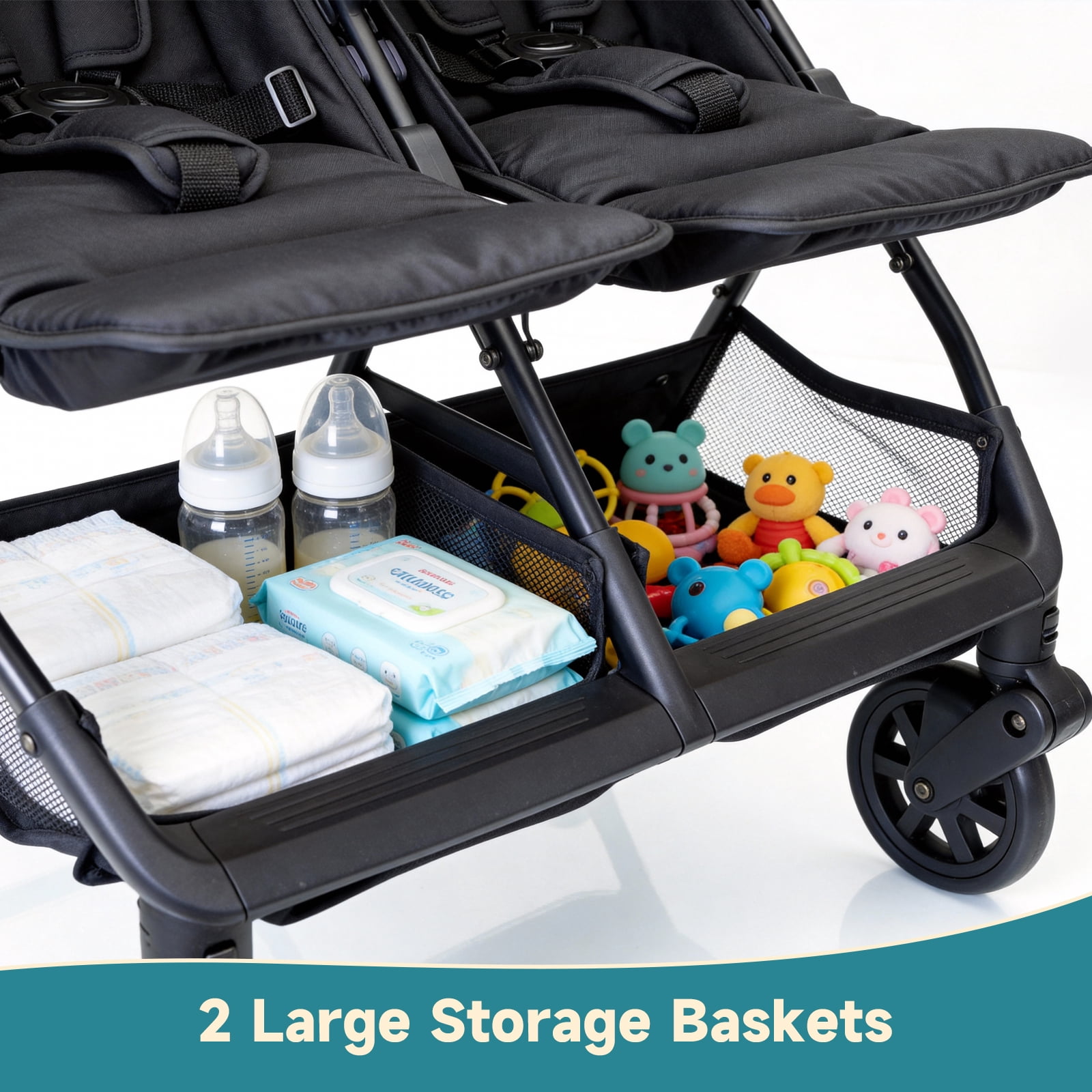 Double Tandem Stroller for 2 Kids Side by Side(6-36 months) - Ultra-Lightweight Self-Standing, Multi-Position Recline, UPF50+ Canopy, All-Terrain Shock Absorption, Large Storage, Easy Fold for
