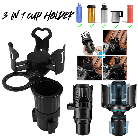 NEPIVEL Car Cup Holder Organizer, New 3 in 1 Adjustable Large Expandable Drink Holder for Bottles, Coffee Cups, Cans, Universal Car Accessories with Compass Fits 18 to 48 oz Water Bottles, Black