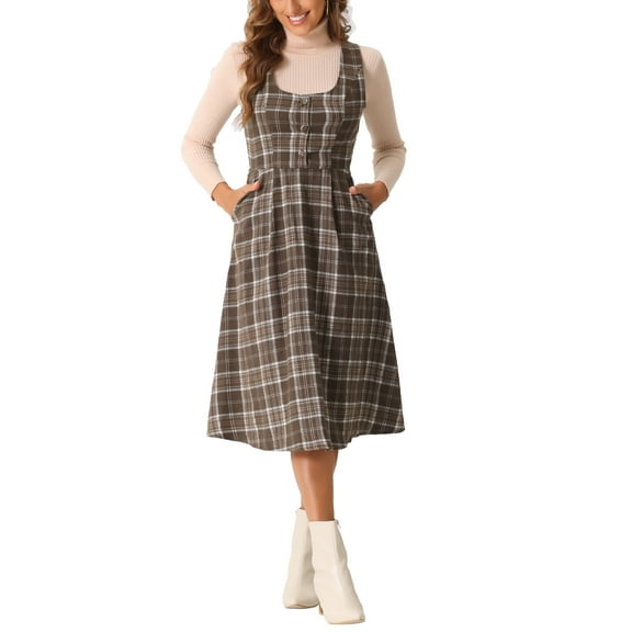 INSPIRE CHIC Women's Plaid Vintage Dress Sleeveless High Waist A-Line Midi Pinafore Dress