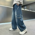 thumbnail image 5 of Teen Casual Straight Wide Leg Cargo Jeans Relaxed Fit Jogger Jeans For Big Kids,A-Dark Blue 140, 5 of 7