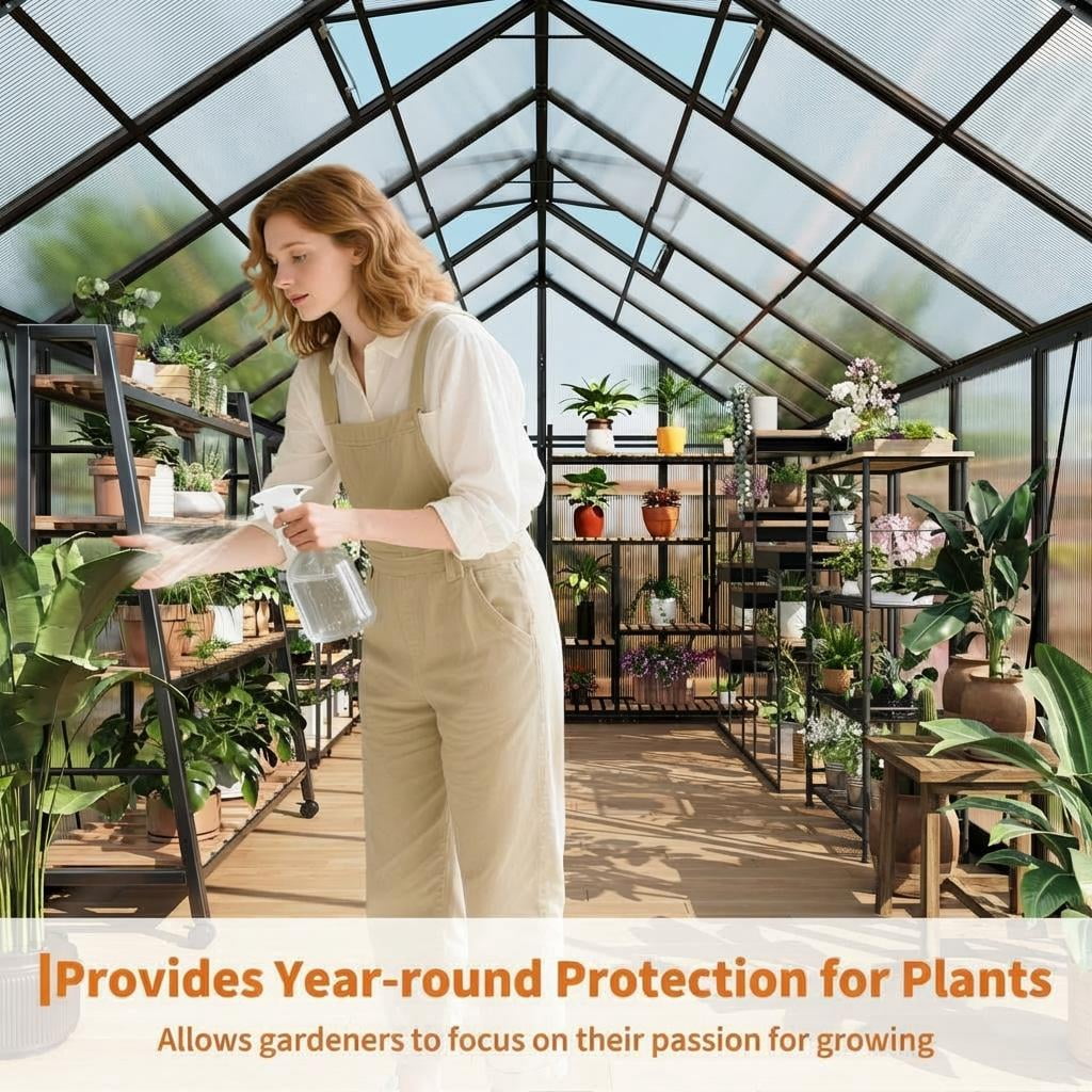 Large Walk-In Polycarbonate Greenhouse, Aluminum Frame, Roof Vent, Wind Resistant, Quick Setup for Backyard