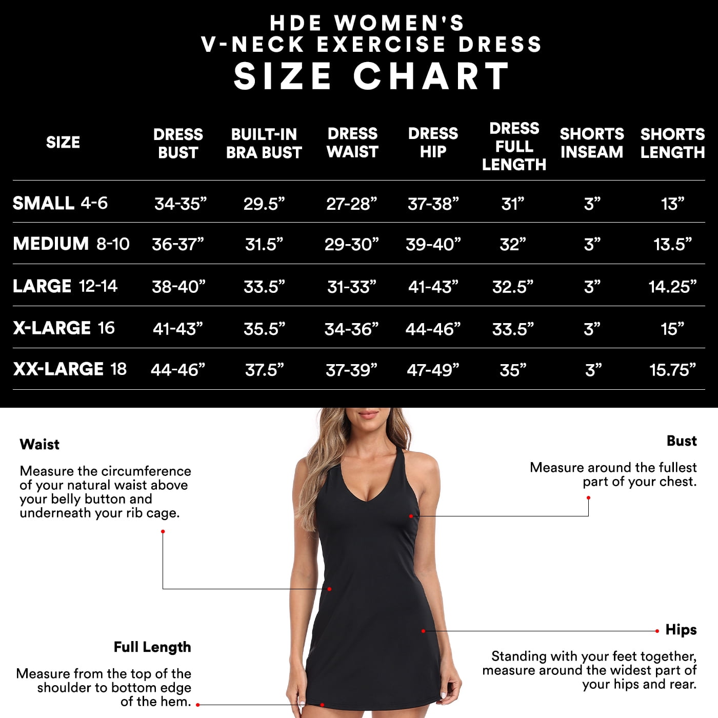 HDE Women's V-Neck Exercise Dress with Built in Bra and Separate Shorts Black XL