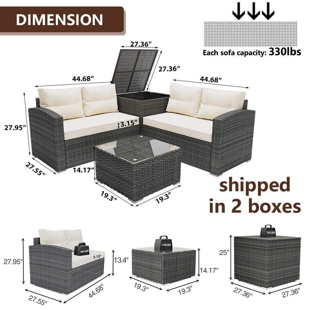 Rattan Patio Sofa Set, 4 Pieces Outdoor Sectional Furniture, All-Weather PE Rattan Wicker Patio Conversation, Cushioned Sofa Set with Glass Table & Storage Box for Patio Garden Poolside Deck
