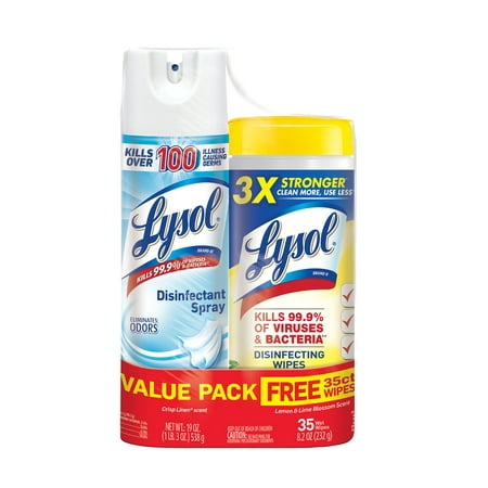 Lysol Disinfectant Spray, Crisp Linen, 19oz + Lysol Disinfecting Wipes, Lemon & Lime Blossom,