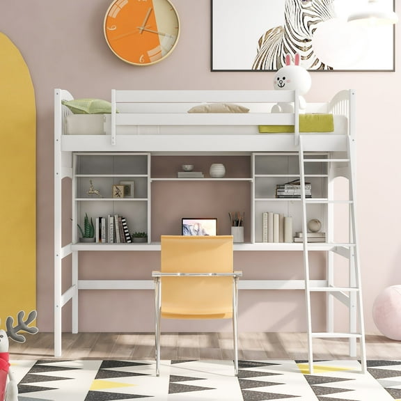 Kumix Loft Bed Twin Size with Desk, Wood Loft Bed with Storage Shelves, Full Length Guardrail and Inclined Ladder for Teens Adults, Space-Saving Loft Bed for Bedroom, Noise-Free, White