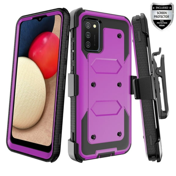 For Samsung Galaxy A02S 5G Case with Built-in Screen Protector, Heavy Duty Full-Body Rugged Holster Cover Case with Belt Swivel Clip [Kickstand] - Purple