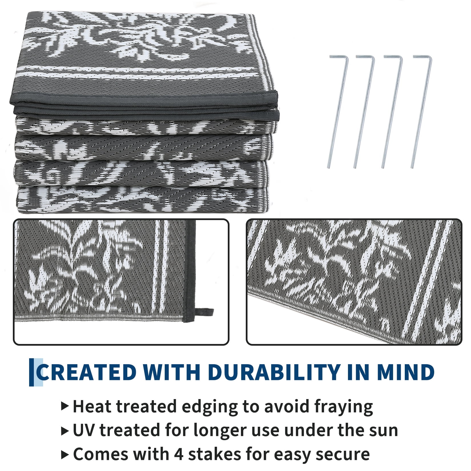 Nanan 9'x18' Outdoor Patio Rug Waterproof Reversible Outdoor Rug Portable Foldable Floral Mat for Camping Balcony Backyard RV Picnic, Gray White