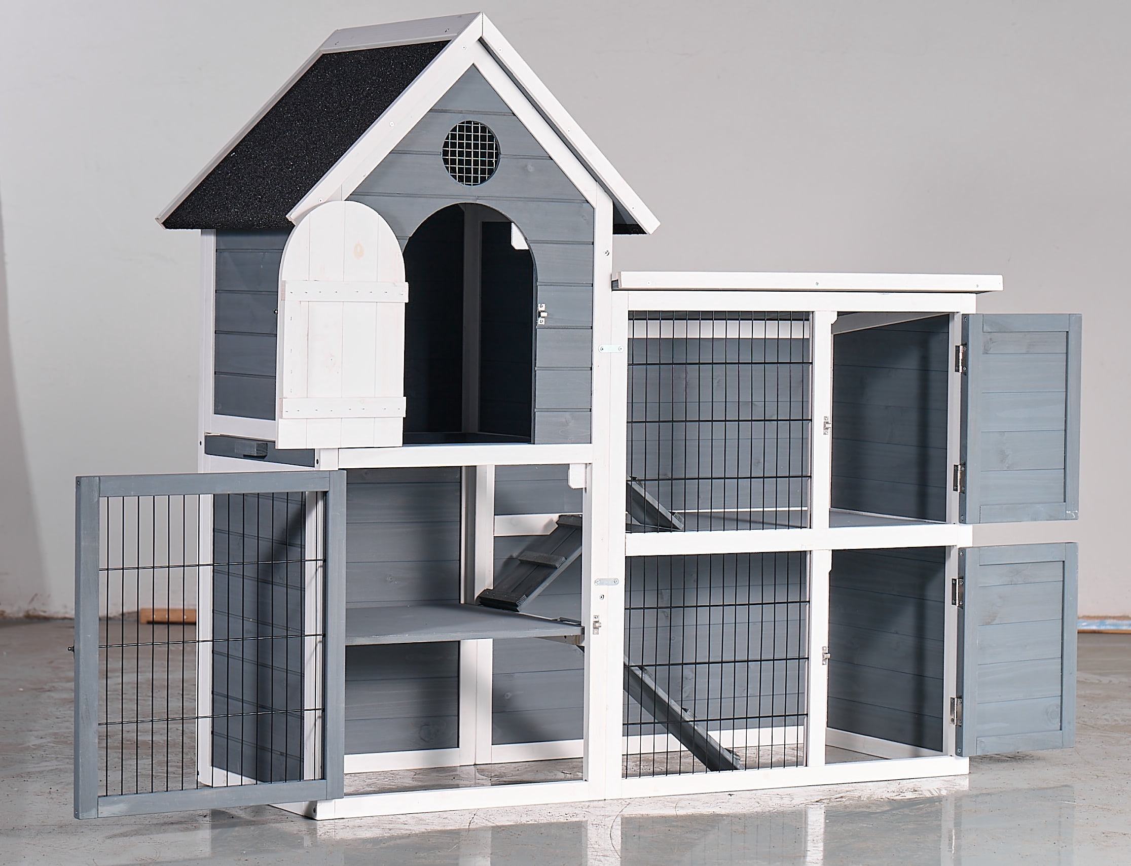 Izzovium Large Wooden Chicken Coop Cage with Pull-Out Tray, 2-Story Rabbit Hutch Waterproof Roof for Outdoor Use, 51x48 Inch, Grey & White
