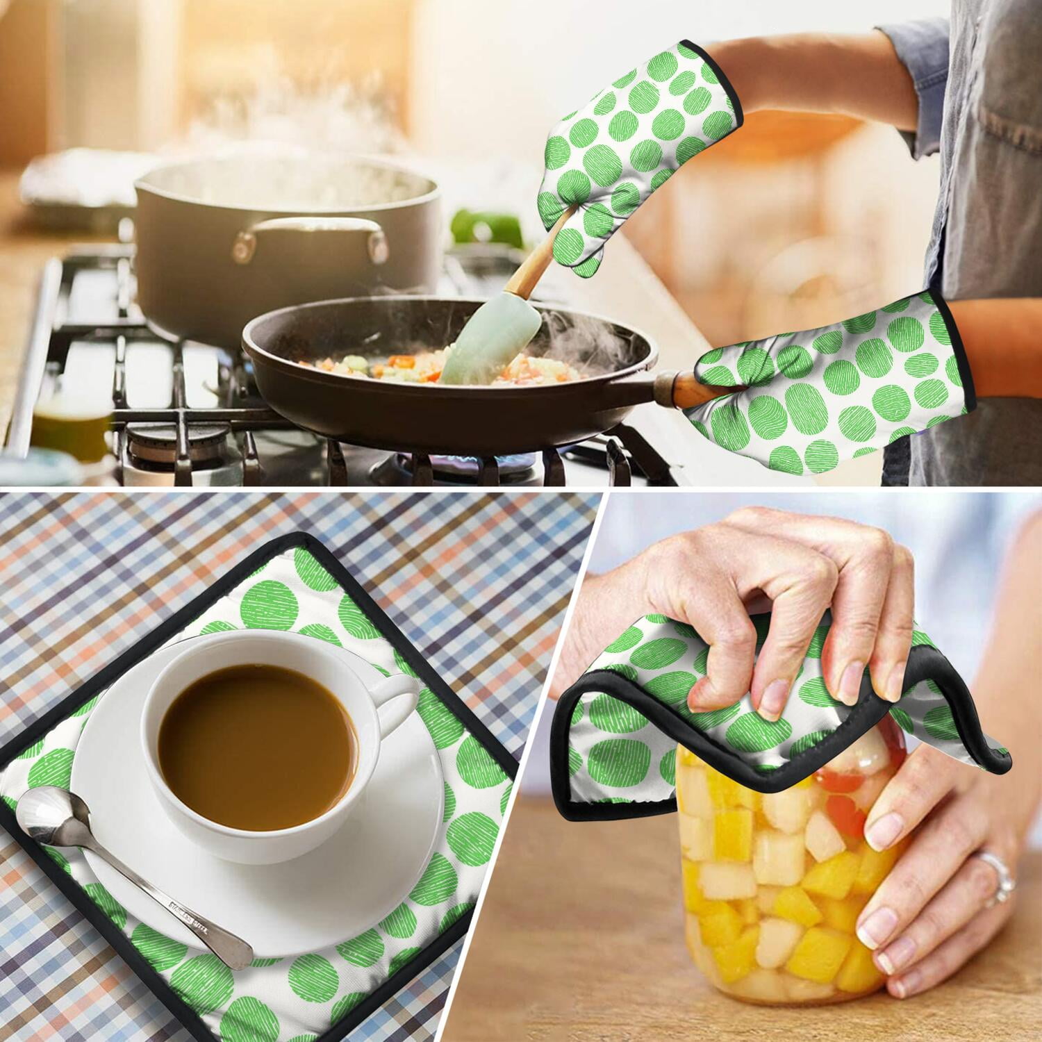 Oven Mitts and Pot Holders Set Of 4, Heat Resistant Kitchen Gloves with Non-Slip Grip, Hanging Loop, Soft Cotton Lining for Baking, Cooking, Grilling, Barbecue
