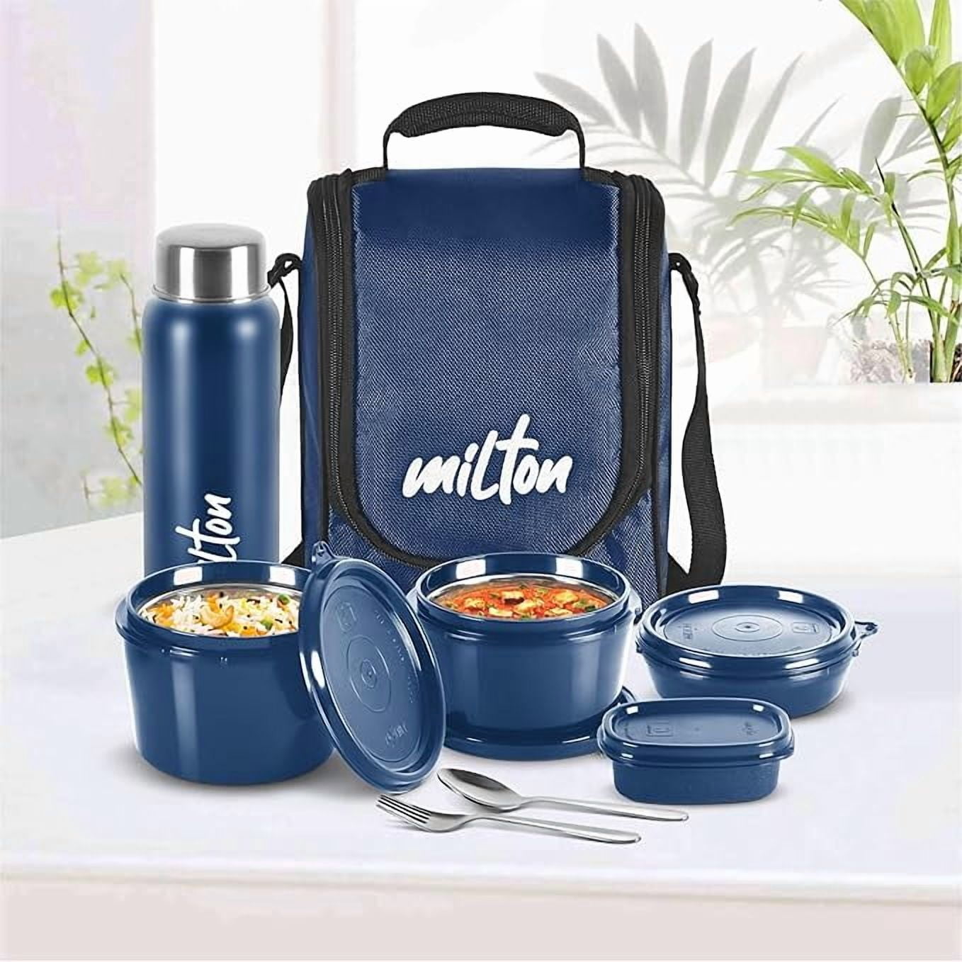 MILTON Pro Lunch Box with Steel Cutlery, 3 Microwave Safe Inner Steel Containers (180 ml, 320 ml, 450 ml), 100 ml, Steel Bottle, 750 ml with Insulated Bag, Office Tiffin, Blue