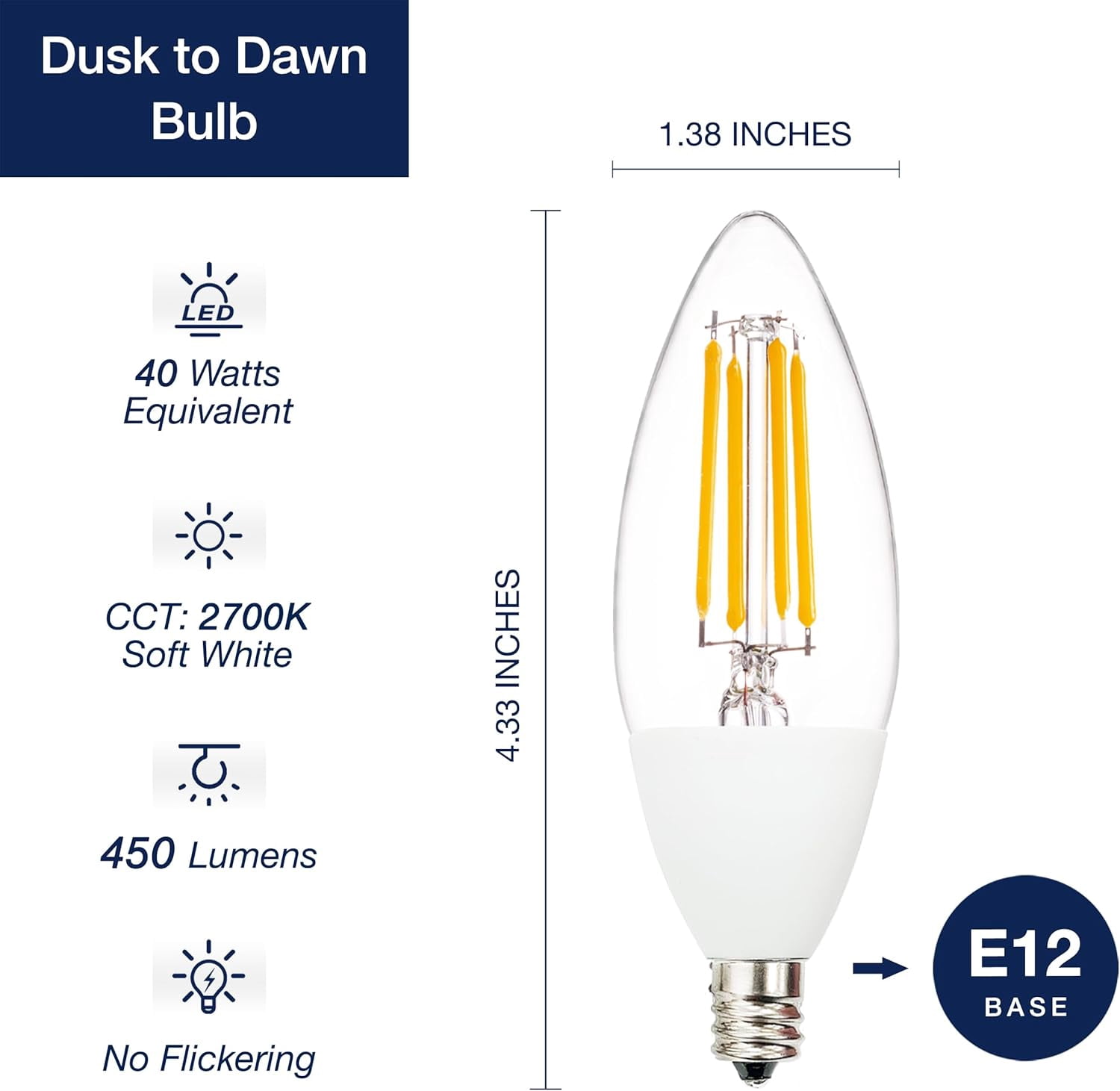 Jaspertronics Dusk to Dawn Outdoor Sensor LED Edison Bulbs 4W 450LM B11 Candelabra E12 Base Auto On/Off Photocell 2700K Soft White 4 Unit per pack
