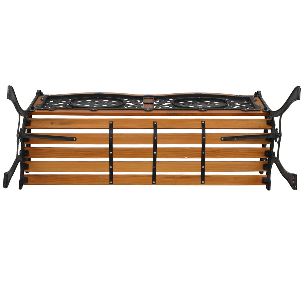 49" Garden Bench, Outdoor Patio Park Chair, Hardwood Slats Cast Iron Frame Seat, A