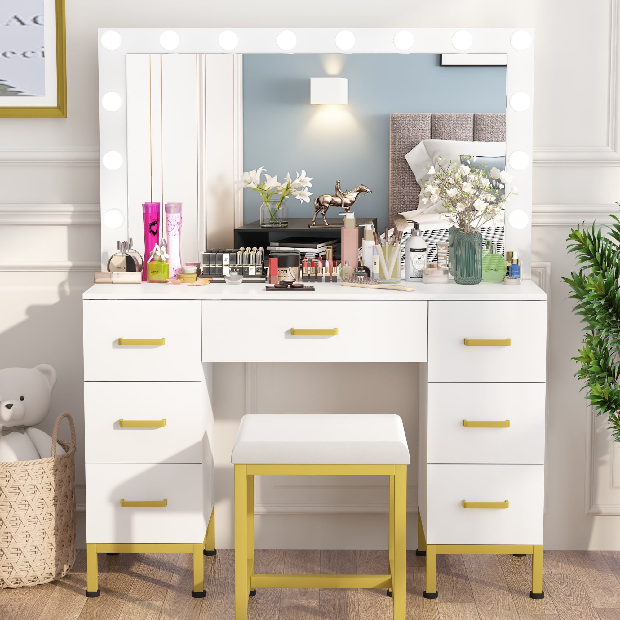 SMOOL Lighted Vanity Mirror Makeup Desk, 7 Drawers, 3 Light Modes, Power  Outlet, Stool - White