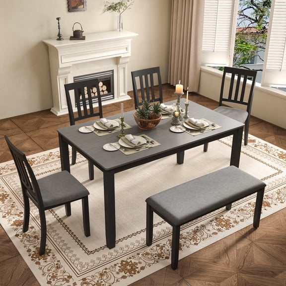 6 Piece Solid Wood Upholstered Dining Room Set with Bench and Chairs