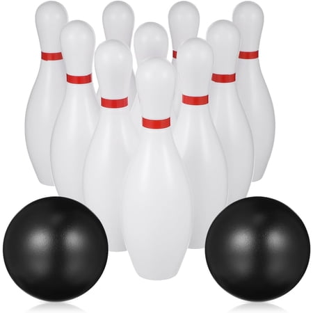 Kids Bowling Balls Toy Small Plastic Bowling Set Includes 10 Classical White Pins and 2 Black Balls 、er Sport Toy for Indoor Outdoor Activities Party Family Games,16cm