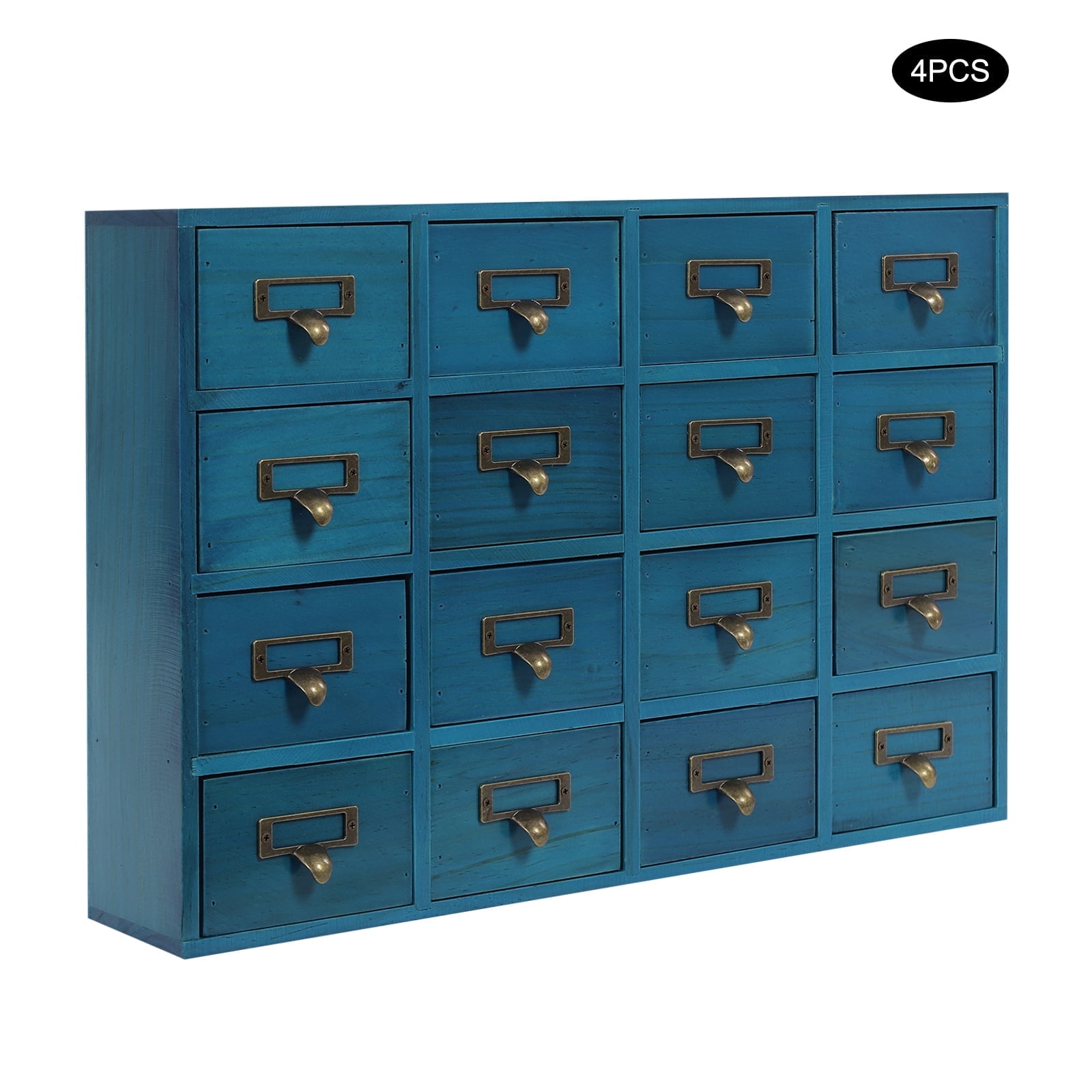 64 Drawers Drawers Storage Cabinet, Apothecary Cabinet with Labels Apothecary Desk Drawer Organizer Tea Coffee Pod Storage Tool Wooden Card Catalog Storage Box for Home, Office, Shop (Blue 4 PCS )