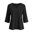 thumbnail image 3 of Tusihei Women V Neck 3/4 Sleeve Casual Tops Loose Fit Boho Pullover Tee Solid Basic Comfy Summer Fall Outfits Beach Blouse, Black M, 3 of 8