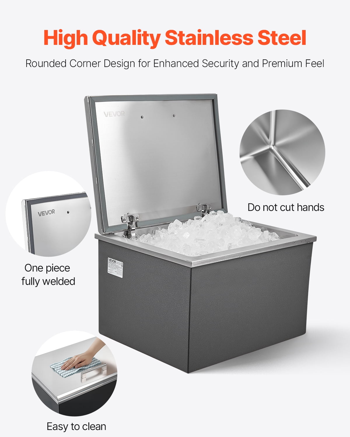VEVOR Drop in Ice Chest, 20"L x 16"W x 13"H Stainless Steel Drop in Cooler, 44.7 Quart Commercial Ice Bin with Flip Lid for Outdoor Kitchen Patio Bar, Drain-pipe Set Included, for Cold Wine Beer