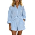 thumbnail image 2 of Ksrymi Jumpsuits for Women Striped 2-Piece Outfit: Oversized V-Neck Collared Long Sleeve Button-Down Shirt with Rollable Cuffs & Elastic Waist Shorts with Pockets Jumpsuits for Women Dressy, 2 of 5