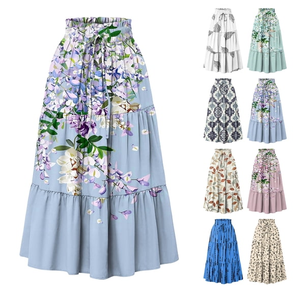 Women's Floral Print Maxi Skirt, High Waist Drawstring Tiered Flowy Skirt, Lightweight Boho Skirt for Beach, Music Festival and Summer,Beige,L