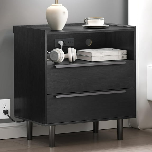 26" Tall Nightstand with Charging Station, 2 Drawer Black Bedside Table with Tray Top, USB & Type-C Ports, AC Outlets, and Open Shelf for Bedroom or Living Room