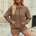 thumbnail image 4 of Kmdttou Up to 30% off! Women's Solid Color Half Zipper Lapel Sweatshirt With Pocket And Short Pants Two-piece Set on Clearance!, 4 of 7