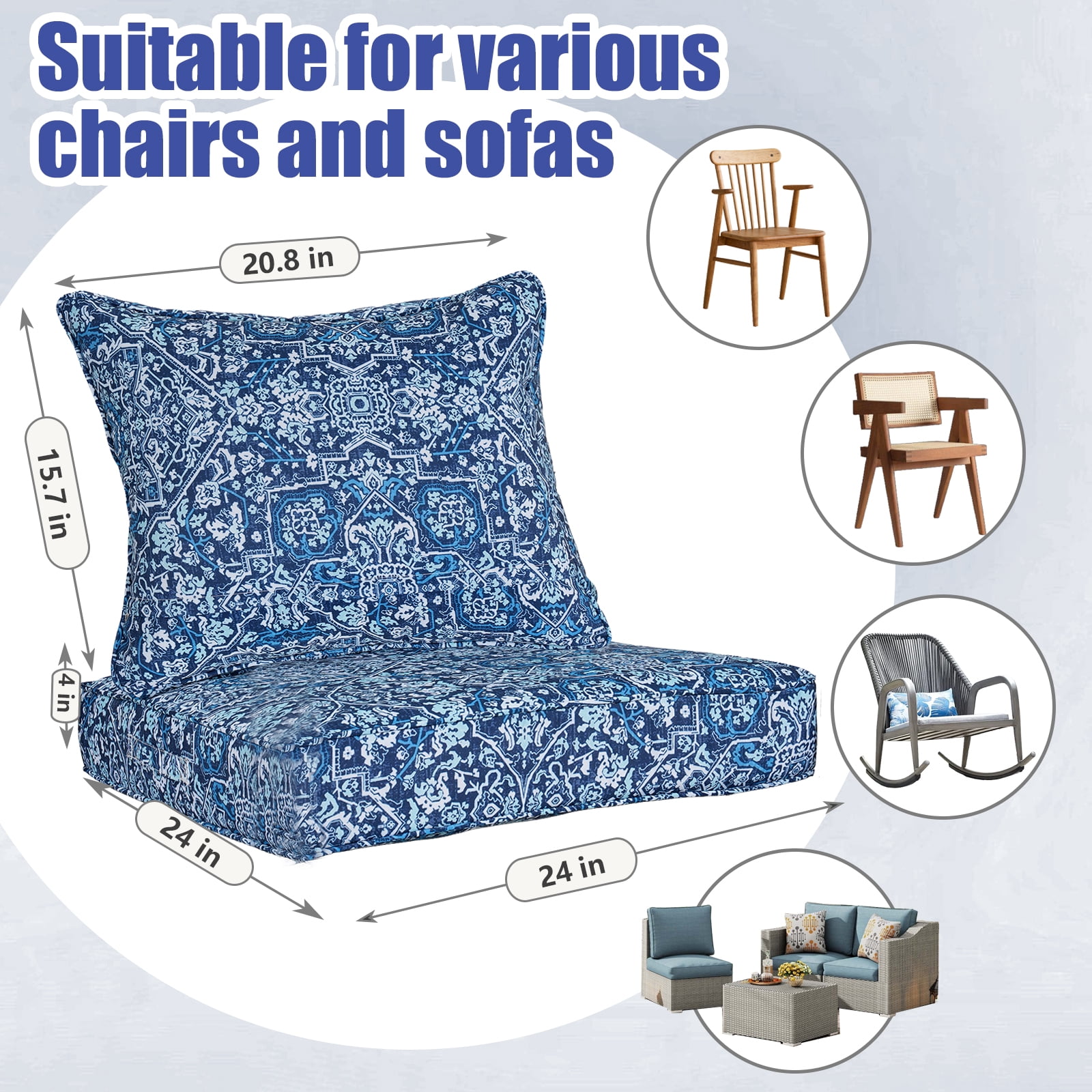 FKS LIFE Outdoor Deep Seat Cushion Set 24 x 24 x 4 Waterproof Fade Resistant with Back Patio Cushion for Chairs and Sofas(1 Set)