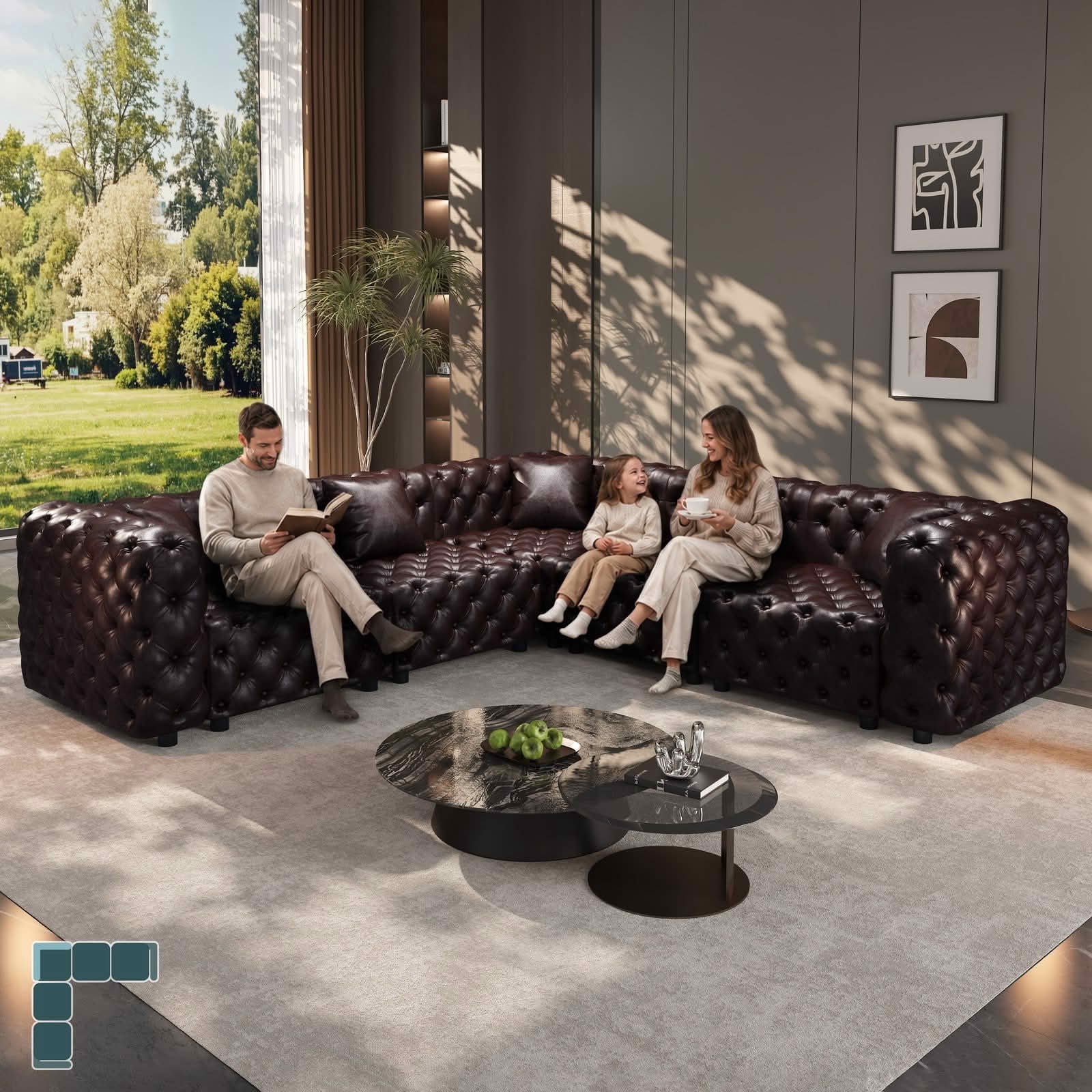 MAYEERTY 132.5" L‑Shaped 5‑Seat Faux‑Leather Modular Sofa, Handcrafted Button Tufted Couch with 5 Pillows for Living Room & Small Apartment