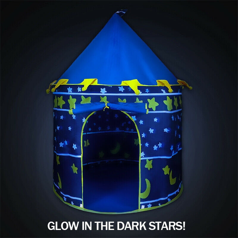 Blue Indoor and Outdoor Use Children Castle Playhouse for Girls & Boys Pop Up Portable Glow in The Dark Stars Crawl Tunnel Ball Pit and Star Lights LimitlessFunN 4pc Kids Play Tent 