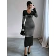 thumbnail image 5 of Women'S Striped V Neck Sweater Dress Long Sleeve Bodycon Midi Dresses Black S, 5 of 7